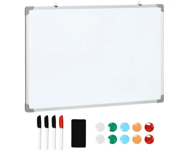 HOMCOM Tabla Magnetica Dreptunghiulara cu 4 Markere, 1 Radiera si 10 Magneti, Tabla din Aluminiu Galvanizat, 90x60x1,8 cm, Alb | Aosom Romania