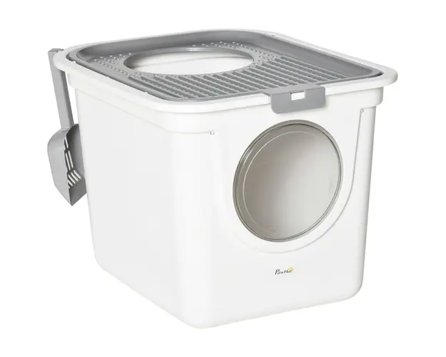 PawHut Litiera Inchisa pentru Pisici cu 2 Intrari, cu Tava si Lopatica, Litiera Acoperita din Plastic, 44x55x39 cm, Alb | Aosom Romania