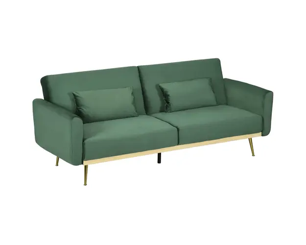 HOMCOM Canapea Extensibila cu 3 Locuri, 2 Perne, Picioare Pliabile si Spatar Reglabil, 206x81x83 cm, Verde | Aosom Romania