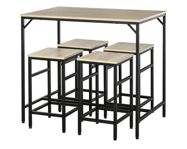 Set Masa Inalta cu 4 Scaune HOMCOM in Stil Industrial, Metal si Lemn, Stejar Deschis, Perfect pentru Dining | Aosom Romania