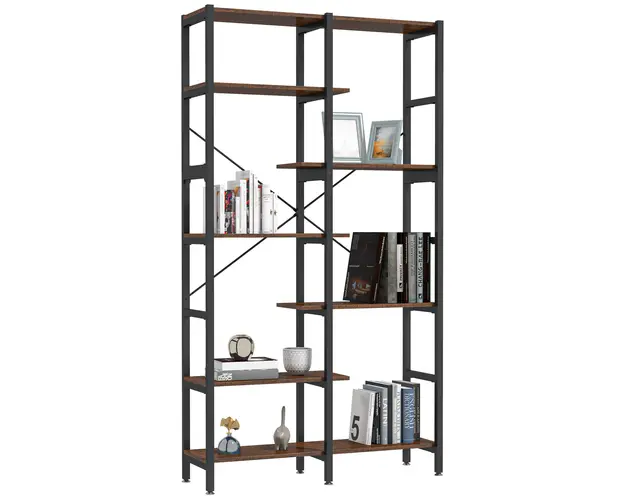 HOMCOM Biblioteca cu 6 Rafturi, Design Modern, Cadru Metalic Negru, Lemn Maro, pentru Living sau Birou | Aosom Romania