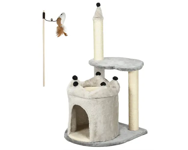 PawHut Copac Zgarieturi Pisici 86cm Multi-Nivel cu Casuta Pat Plus Jocuri Gri | Aosom Romania