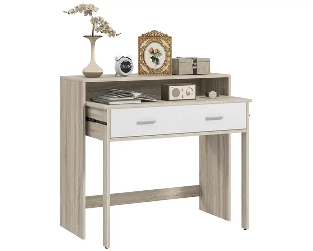 HOMCOM Consola cu Masa Glisanta si 2 Sertare, Masa de Hol cu Depozitare pentru Camera de Zi, Intrare, Dormitor, 95x35x87 cm, Lemn Natural
