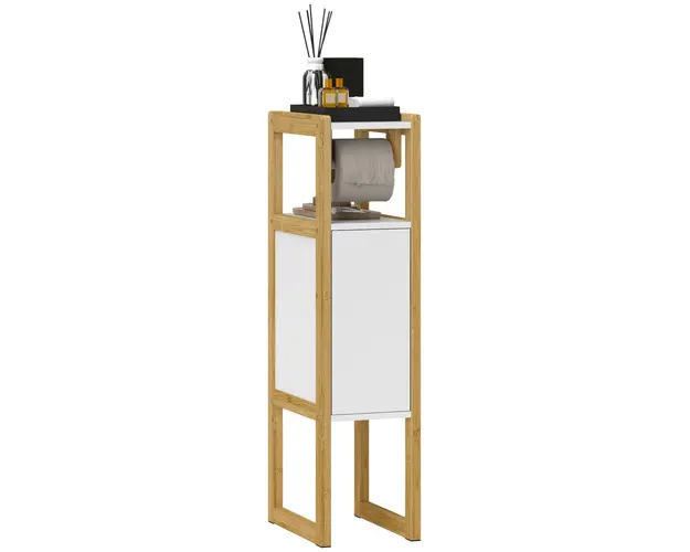 HOMCOM Mobilier de Baie cu Suport pentru Hartie Igienica, Dulap si Raft, Dulap Compact din Bambus, 20x33x80 cm, Alb | Aosom Romania