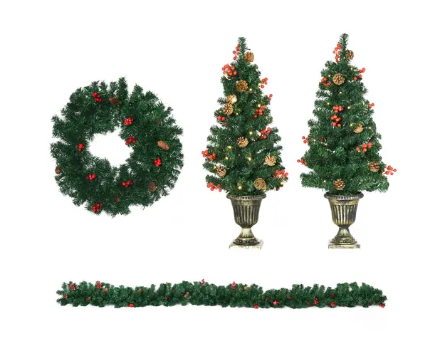 HOMCOM Set de decoratiuni pentru Craciun set 4 piese, coroana de ghirlande si set de 2 copaci cu lumini LED | AOSOM RO