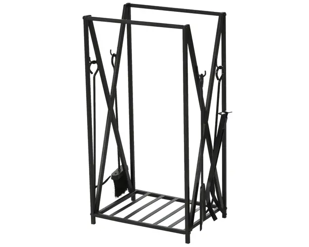 HOMCOM Suport pentru Lemne de Foc din Otel, Suport pentru Lemne pentru Semineu cu Vatrai, Perie si Cleste, 46x30x76 cm, Negru | Aosom Romania