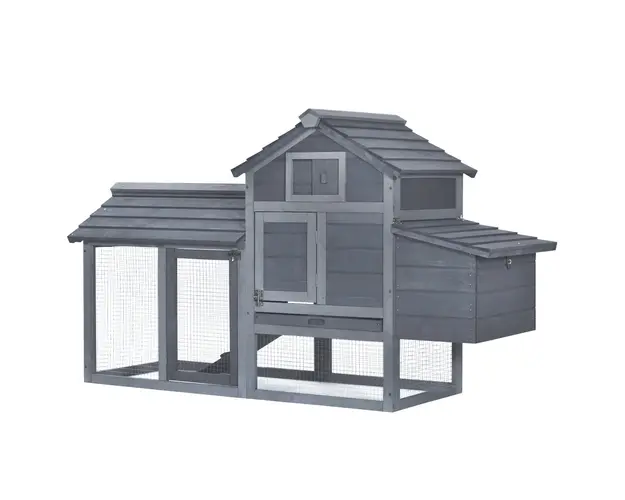 PawHut Cotet prefabricat din lemn pentru 2 gaini cu gard pentru gradina 150.5 x 54 x 87cm, gri inchis | Aosom Romania