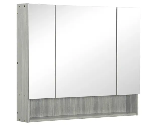 kleankin Dulap cu Oglinda cu 4 Sectiuni si Rafturi Reglabile, Oglinda de Baie din Lemn si Sticla, 90x15x75 cm, Gri | Aosom Romania