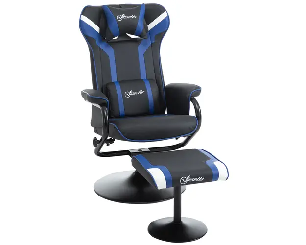 Vinsetto Scaun Gaming Ergonomic cu Taburet Suport Picioare Inclinare 130 Suport Lombar Negru si Albastru | Aosom Romania
