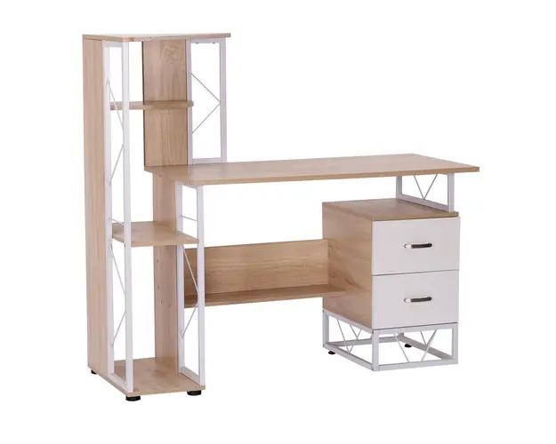 Masa pentru PC, Birou cu Raft lateral, doua sertare, cadru de fier, lemn MDF, alb si lemn 133x55x123cm HOMCOM | Aosom RO