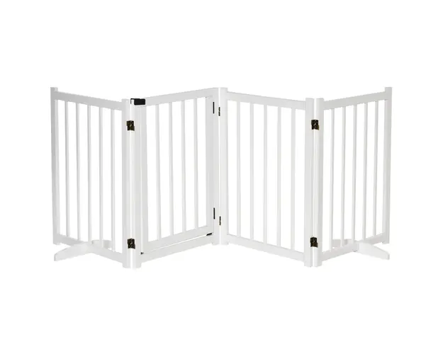 PawHut Poarta Pliabila Lemn pentru Caini Talie Mica/Medie 4 Panouri Incuietoare Alb 237.5x36x80cm Design Elegant | Aosom Romania