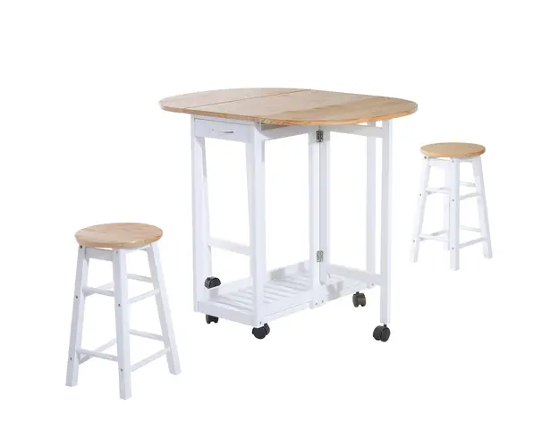 HOMCOM Set Mobilier Bucatarie 3 Piese Masa Pliabila 2 Scaune de Bar Carucior cu 6 Roti Design Modern Alb si Lemn | Aosom Romania