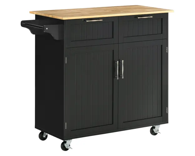 HOMCOM Carucior Bucatarie din Lemn Multifunctional cu 2 Sertare, Dulapior si 4 Roti, Design Elegant, 104x46x91 cm, Negru | Aosom Romania