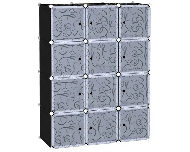 HOMCOM Dulap Modular pentru Haine, 12 Cuburi, DIY, Polipropilena, Alb si Negru, 111x47x145 cm | Aosom Romania