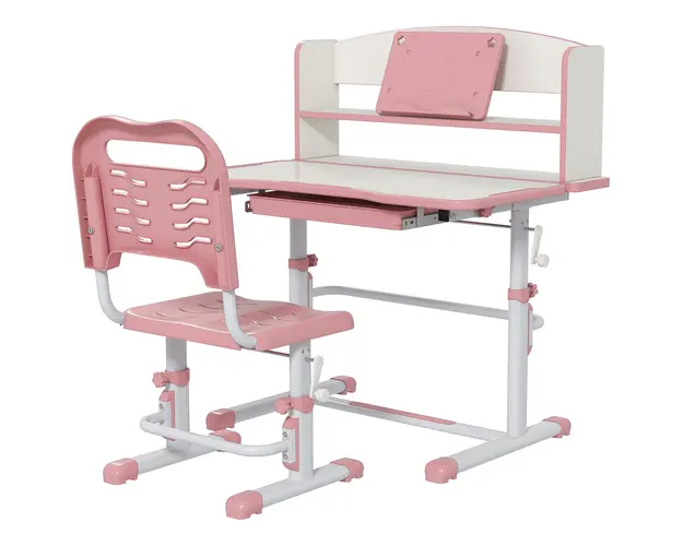 Set Birou si Scaun pentru Copii Reglabil in Inaltime cu Sertar, Raft pentru Carti, pentru 6-12 ani - Roz ZONEKIZ | Aosom Romania
