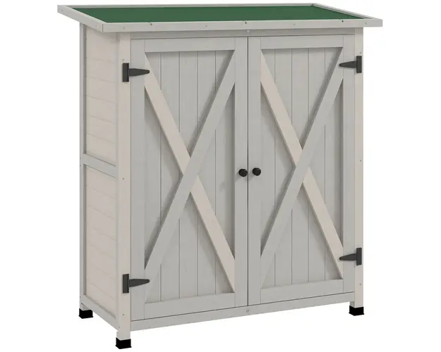 Outsunny Dulap de Exterior din Lemn, Casuta pentru Unelte cu 2 Rafturi si Acoperis Impermeabil, 110x55x117 cm, Gri | Aosom Romania