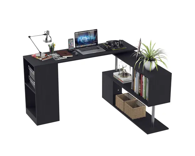 HOMCOM Birou Modern cu Rafturi Rotative 360, Design L, Negru, PAL, 140x120x78.2cm | Aosom Romania