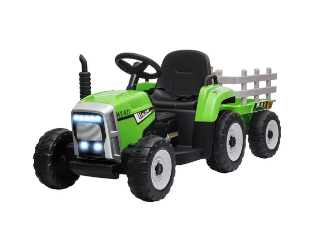HOMCOM Tractor Electric cu Remorca Detasabila, Telecomanda, Muzica si Claxon, pentru Copii de 3-6 Ani, 136,5x50x52,5 cm, Verde | Aosom Romania