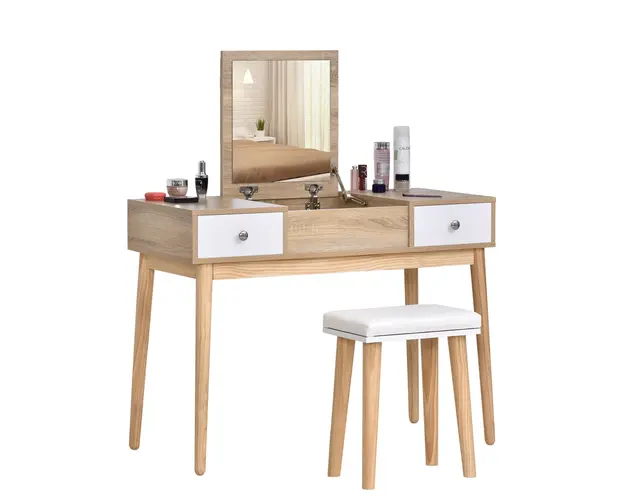 Masa de toaleta cu oglinda glisanta scaun tapitat 2 sertare 5 compartimente de depozitare pentru casa 100x45x118cm Lemn HOMCOM | Aosom RO