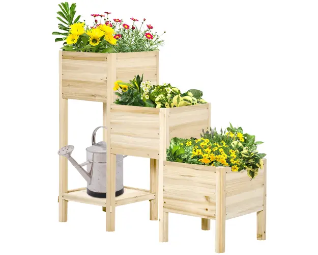 Outsunny Pat de Gradina Inaltat pe 3 Nivele cu Raft de Depozitare, Cutii de Plantare Inaltate din Lemn, 125x45x108 cm, Lemn Natural | Aosom Romania