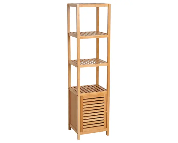 HOMCOM Dulap Coloana Baie din Bambus, 4 Rafturi si Spatiu Depozitare, 36x33x140 cm | Aosom Romania