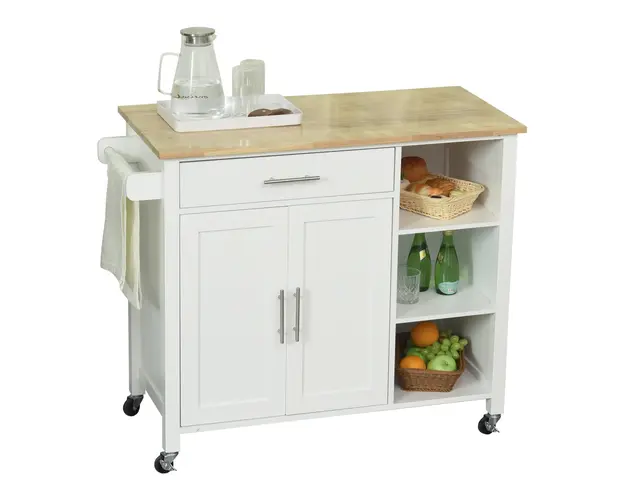 HOMCOM Carucior de Bucatarie, Dulap cu Rafturi de Depozitare din MDF, PAL, Lemn si Cauciuc, 107.5x48x89 cm, Alb | Aosom Romania
