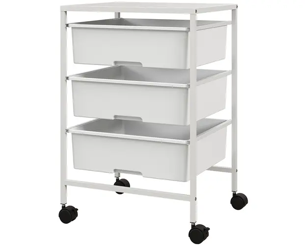 HOMCOM Carucior Multifunctional cu 3 Cosuri si Roti, Carucior pentru Bucatarie si Birou din Otel si Plastic, 40.8x33.5x60.5 cm, Alb | Aosom Romania