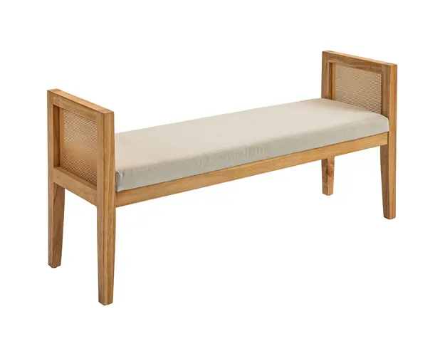 HOMCOM Banca Moderna pentru Capatul Patului cu Perne Groase, Cotiere din Ratan si Cadru din Lemn Masiv, 120x38x61.5 cm, Crem