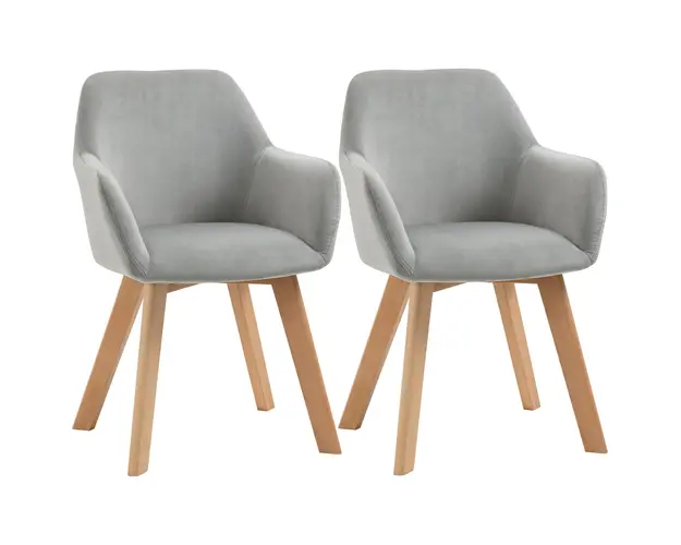 HOMCOM Set 2 Scaune de Sufragerie cu Picioare din Lemn, Scaune de Bucatarie Capitonate cu Cotiere din Tesatura Catifelata, 54x57x80cm, Gri