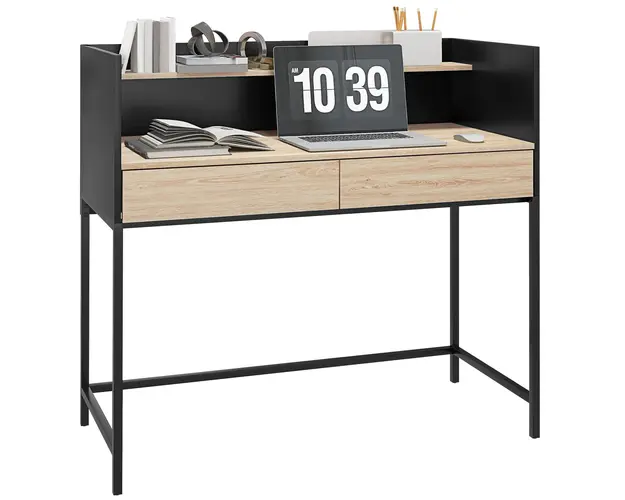 HOMCOM Birou cu 2 Sertare, Raft Superior si Manere Ascunse, Birou Modern din Lemn si Otel, 106x51,5x102,5 cm, Negru | Aosom Romania