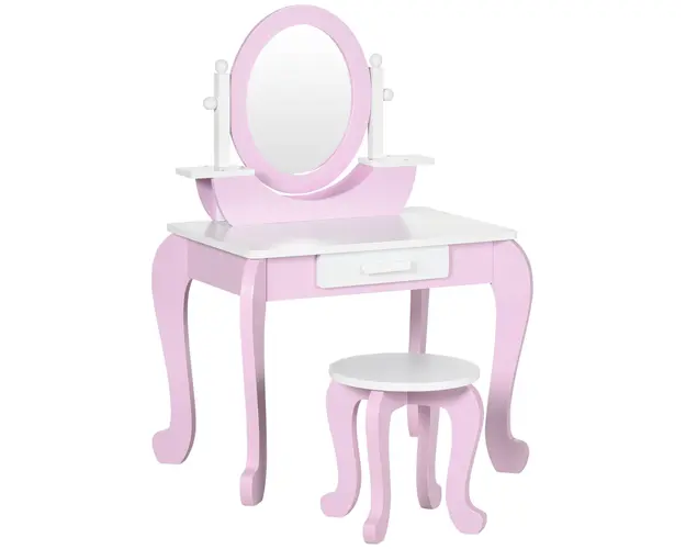 ZONEKIZ Set de Toaleta Machiaj, Masuta de Machiaj cu Oglinzi si Taburet pentru Copii, Varsta 3-6 Ani, 65,5x46x93 cm, Roz | Aosom Romania