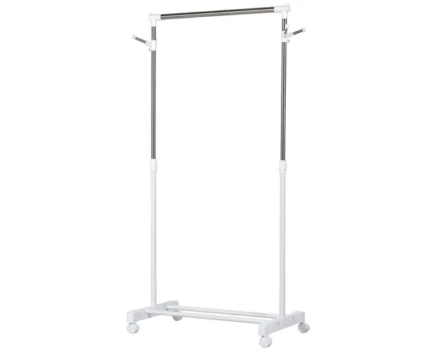 HOMCOM Suport de Haine din Otel Inoxidabil, Reglabil pe Inaltime cu Baza de Depozitare si 4 Roti, 68,5x42x87-145 cm, Alb si Argintiu | Aosom Romania