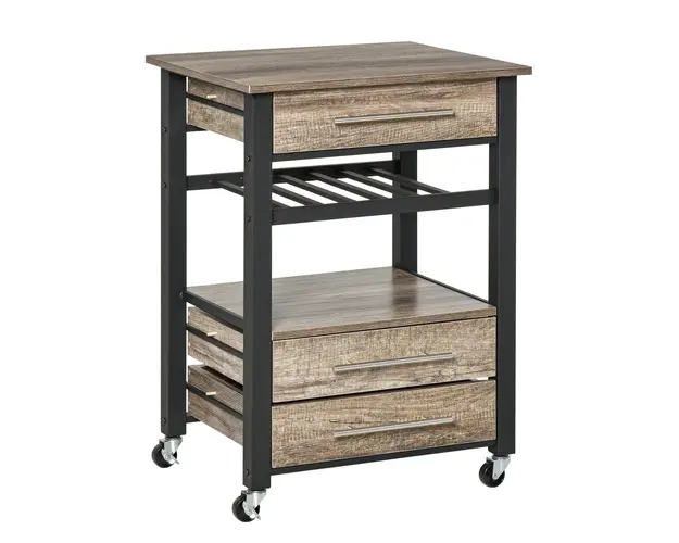 HOMCOM Carucior Bucatarie cu 3 Sertare si Raft, Placi de PAL, Design Modern, Culoare Stejar, 60x50x84.5cm | Aosom Romania