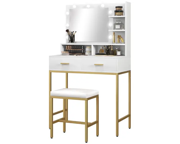 HOMCOM Masa de Toaleta cu Oglinda Luminoasa LED, 2 Sertare, 5 Rafturi si Scaun, Masa de Toaleta, 80x40x138 cm, Alb | Aosom Romania