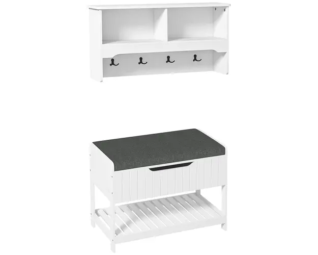 Cuier de Perete cu Banca Suport pentru Pantofi Dotata cu Cuburi de Perete, 4 Carlige si Raft Retractabil, 80x20x40 cm, Alb HOMCOM | Aosom RO