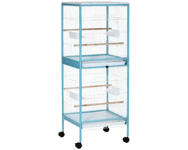 PawHut Colivie pentru Pasari, Voliera cu 4 Roti Pivotante, Tavi Detasabile si Recipiente din Plastic, 51,5x50x140 cm, Albastru | Aosom Romania