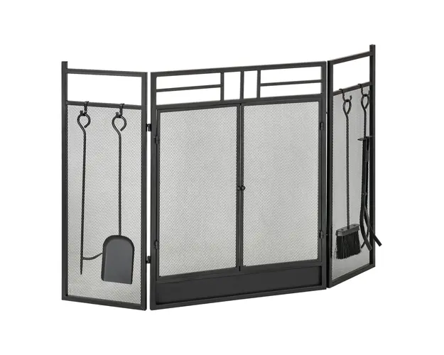 Parascantei pentru Semineu Modern, Paravan pentru Incendiu Pliabil cu 2 Usi din Metal Negru, 122x1.6x80cm Negru HOMCOM | Aosom Romania