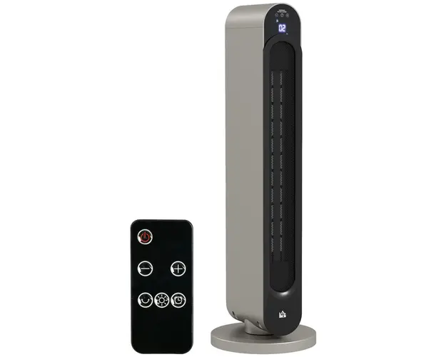HOMCOM Incalzitor Electric Oscilant cu 3 Moduri de Incalzire, cu ventilator, Temperatura Reglabila, Telecomanda Ø25x73.5 cm, Argintiu | Aosom Romania