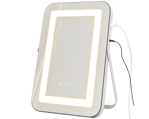 HOMCOM Oglinda de Machiaj LED cu Lumini Reglabile pe 3 Culori, USB si Oglinda de Marire Rotativa, 31x41,5x3 cm, Alb | Aosom Romania