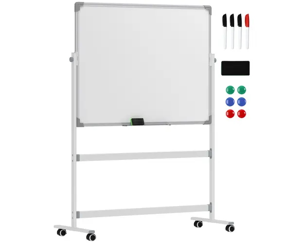HOMCOM Tabla Magnetica cu 2 Fete, Tabla Rotativa la 360 cu 3 Nivele Reglabile, Burete si Marker-e, 127x50x165 cm, Alb | Aosom Romania