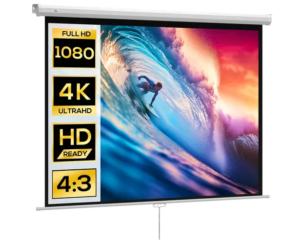 HOMCOM Ecran de Proiectie 84 Inch Format 4:3, Ecran Rulabil cu Unghi de 160 si Montare pe Tavan sau Perete, 181x8x138 cm, Alb | Aosom Romania