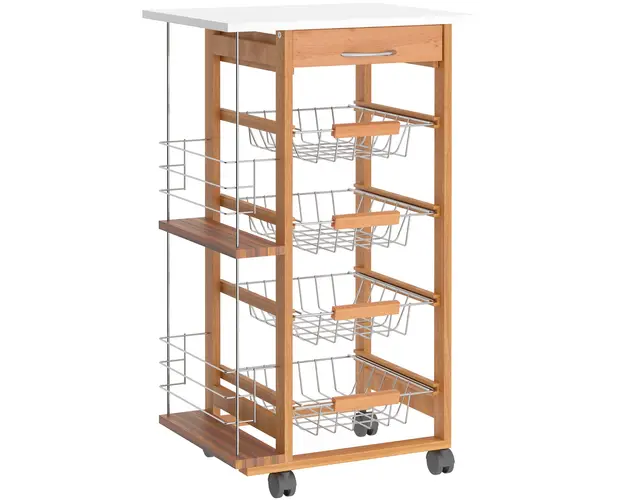 HOMCOM Carucior de Bucatarie din Lemn Maro, Suport Alimente, 1 Sertar, 4 Cosuri Metalice, MDF, Lemn de Pin, Metal, 47x37x83cm | Aosom Romania