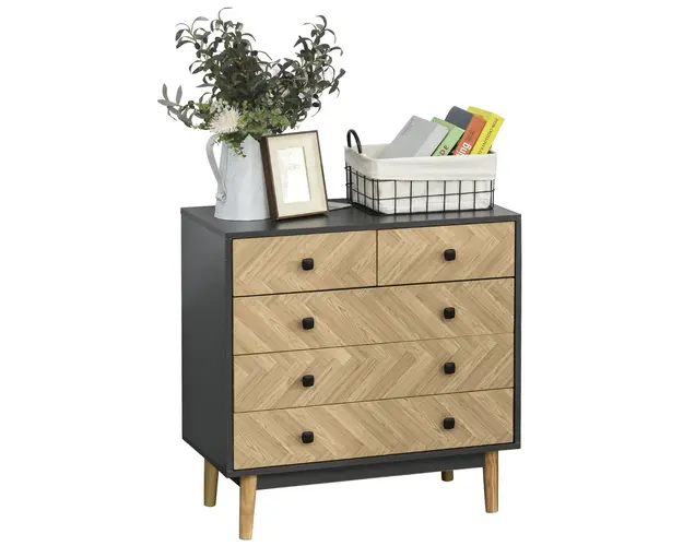 HOMCOM Noptiera Moderna din Lemn cu 5 Sertare si Picioare Ridicate din Pin, Design Elegant, Gri Inchis, 80x40x80cm | Aosom Romania