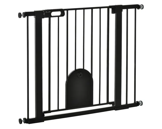 PawHut Bariera Reglabila pentru Caini cu Usa Mica, Montare prin Presiune si Inchidere Automata, 75-103x76 cm, Negru | Aosom Romania