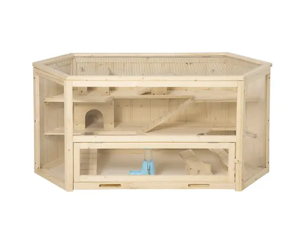PawHut Cusca Hamsteri din Lemn cu 3 Nivele, Acoperis Deschidere Usoara, 115x60x55 cm, Spatiu Generos, Maro | Aosom Romania