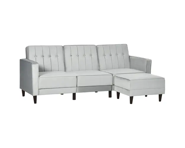 HOMCOM Canapea Extensibila cu 3 Locuri cu Taburet si Spatar Inclinabil, Tapiterie din Catifea si Scaun Captusit, 218x85x86 cm, Gri | Aosom Romania