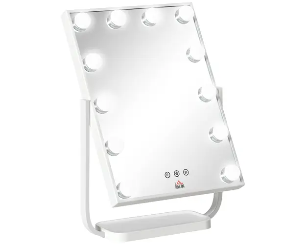 HOMCOM Oglinda de Masa pentru Machiaj, Stil Hollywood cu Iluminare LED Reglabila, 12 Lumini, Alb | Aosom Romania