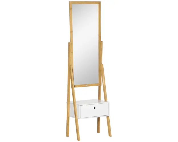 HOMCOM Oglinda de Podea Multifunctionala cu Sertar, Design Modern Dormitor si Coridor, MDF si Bambus, 45x30x160cm, Alb si Lemn | Aosom Romania