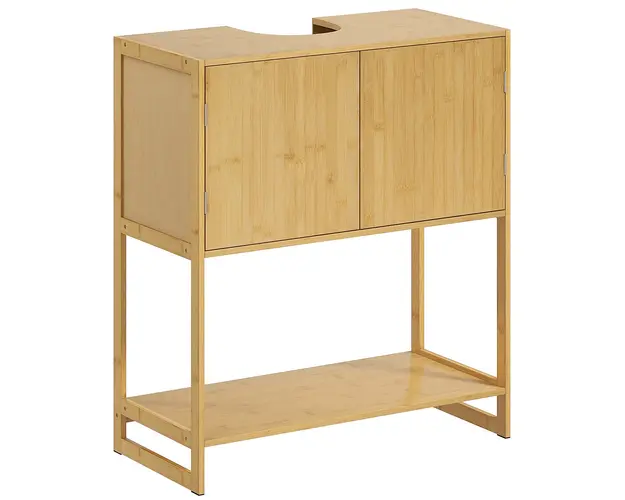 HOMCOM Dulap de Baie Sub Chiuveta, Dulap de Depozitare pentru Chiuveta din Bambus cu 2 Usi, Raft de Jos si Fanta in Forma de U pentru Potrivirea Tevii, 70x33x79.5 cm, Natural | Aosom Romania