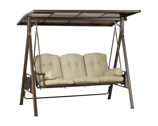 Outsunny Balansoar de Gradina 3 Locuri din Otel si Poliester cu Baldachin Rabatabil din PC si Perne pentru Spatar si Brate, 208x120x174 cm, Maro si Kaki | Aosom Romania